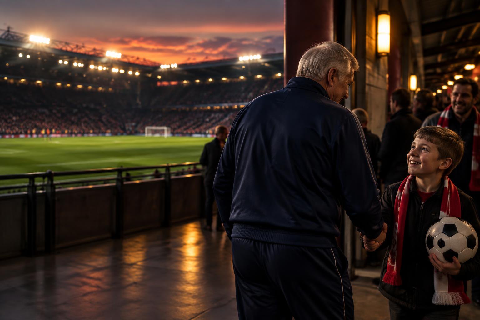 A football legend greeting a young supporter at a stadium